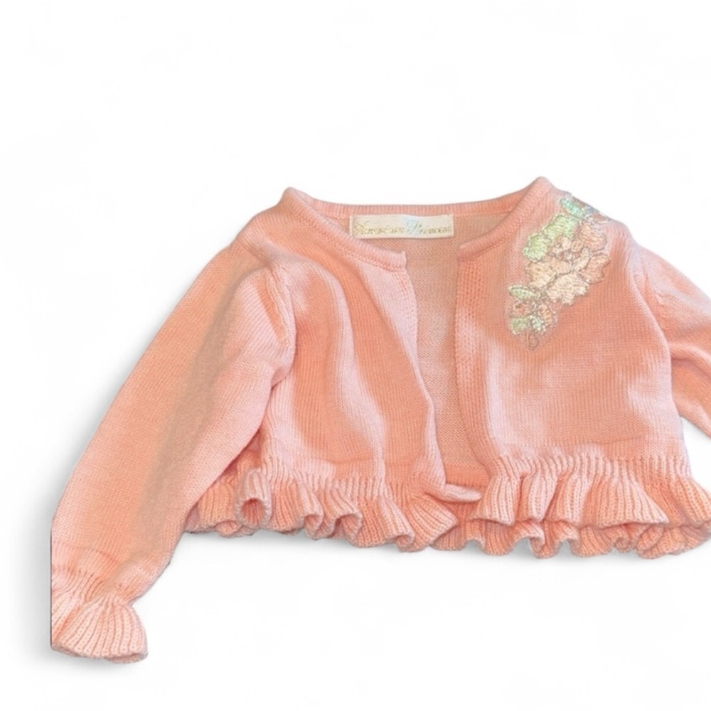 American princess Pink Ruffled Baby knit Cardigan Floral Embroidery 3 months